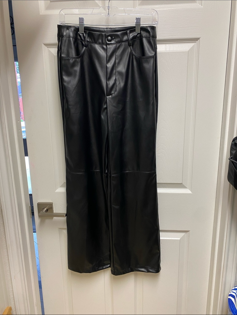 Ladies Black Faux Leather Straight-Leg Pants